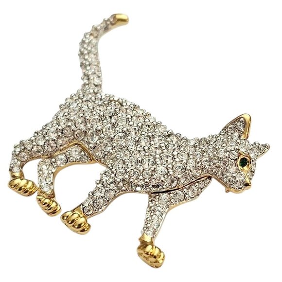 Swarovski Clear Rhinestone Cat Brooch Marked With Swan Logo - Picture 3 of 10